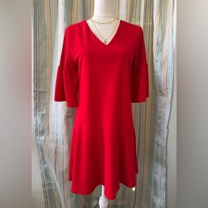 Vibrant Red V-Neck Midi Dress Elegant Size M Made in Italy Flare Sleeve